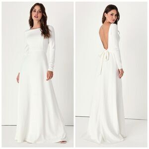 Lulus Iconic Love Story White Backless Bow Long Sleeve Maxi Dress XS Bella Swan